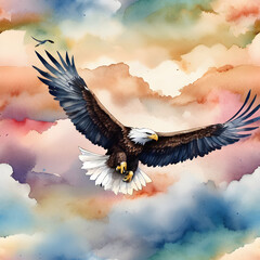 Watercolor seamless pattern of sky with eagles flying near the horizon.