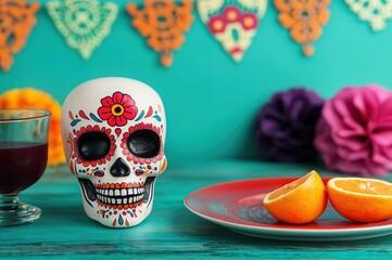 Decorative sugar skull with oranges on a red plate, drink, and papel picado garlands in the background. Day of the Dead altar and celebration concept