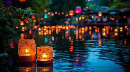 Wall Mural - Festival of Lights A river illuminated by floating candles and lanterns