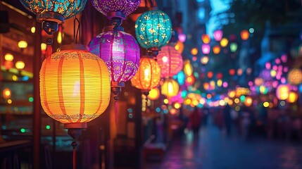 Wall Mural - Festival of Lights Bright neon lanterns hanging from festival stalls, casting colorful glows over the street, energetic festival atmosphere, no visible people