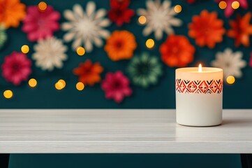 Poster - White candle softly burns on a clean table with vibrant flowers in the background, creating a cozy and romantic ambiance perfect for celebrations and special events