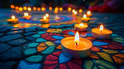 Wall Mural - Festival of Lights Close-up of traditional candles arranged in a colorful rangoli pattern on the ground