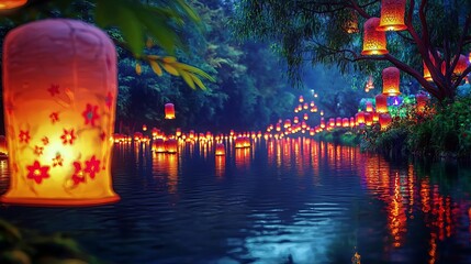 Wall Mural - Festival of Lights Floating lanterns casting a warm glow over a peaceful river, vibrant colors reflecting off the water, magical festival night, no people shown