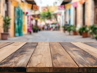 Poster - Empty wooden table with a colorful Mexican street during Day of the Dead celebration and papel picado decorations and blurred people in the background.
