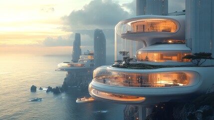 Aufkleber - The scene showcases an innovative coastal city with modern, flowing architecture perched on cliffs, illuminated by the warm hues of sunset reflecting over the ocean.
