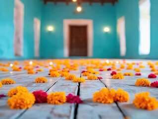 Yellow and red marigold flowers are scattered on a white wooden floor in a turquoise room