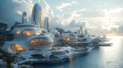 Aufkleber - A stunning coastal city features futuristic buildings with organic shapes, nestled along the shoreline as the sun sets, reflecting warm hues on the water.
