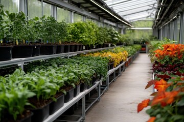 An array of colorful, healthy plants lines shelf aisles in a high-tech greenhouse, showcasing the beauty and efficiency of modern vertical farming systems.