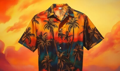 Palm tree patterned shirt against sunset.