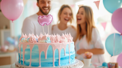 joyful celebration with friends in the background, featuring a pink and blue frosted cake topped with heart decorations, surrounded by balloons and festive d?cor.