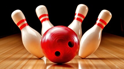 A red bowling ball is in the middle of a lane with 4 pins knocked down around it on a wooden lane.