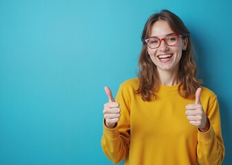 Young woman with cheerful expression giving thumbs up against turquoise background with copy space