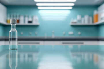 Poster - Transparent glass vial containing a liquid is standing on a table in a laboratory