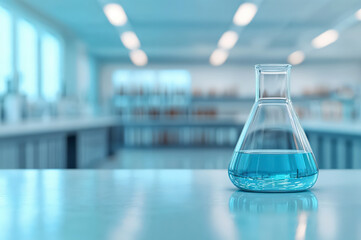 Poster - Erlenmeyer flask containing blue liquid is sitting on a table in a laboratory