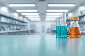 Poster - Laboratory glassware containing colored liquid is standing on a table in a laboratory setting