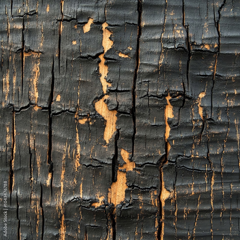Close-up of charred wood texture showing burnt and cracked surface with ...