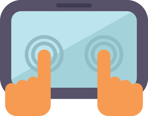 Poster - Two hands are touching a tablet screen with two fingers each, in a minimalist and colorful flat design style