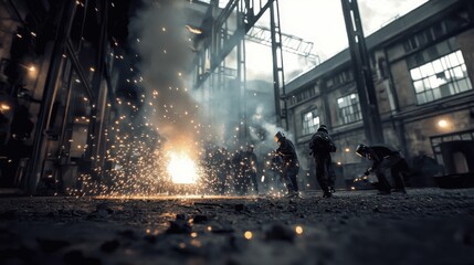 A team of welders working in a factory, industrial equipment in the background