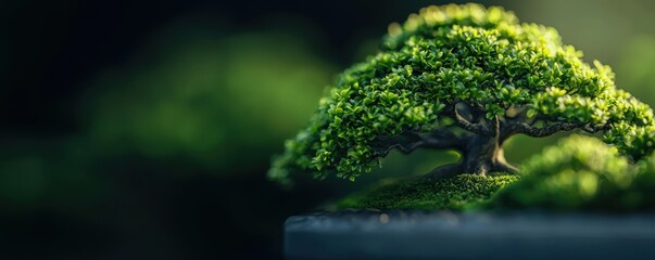 A beautifully detailed bonsai tree nestled on a stone surface, showcasing vibrant greenery and intricate texture.