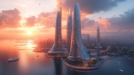 Aufkleber - The striking skyline features sleek, tall buildings reflecting the warm hues of sunset over a tranquil body of water. The cityscape captures a blend of modern architecture and natural beauty.