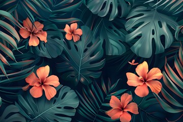 Wall Mural - A bunch of tropical plants with orange flowers