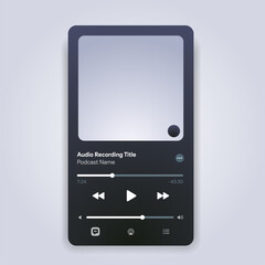 Mobile music player interface. Podcast turntable template. Audio streaming service layout. Profile, Album, Song, Singer, blog mockup. Apple music, deezer, spotify screen. Vector illustration.