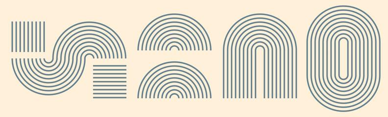 Poster - Lines abstract geometric shapes elements design vector graphic illustration set, stripes strokes oval wave arch and half circle symbol modern trendy boho style decor image clip art
