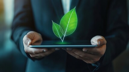 Poster - Person in a suit holding a tablet with a digital green leaf, symbolizing Esg concepts: environmental sustainability, social responsibility, and corporate governance