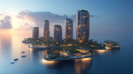 Poster - A cluster of futuristic skyscrapers rises on a lush island, reflecting in the calm water as twilight casts a soft glow, highlighting the tranquility of the moment.