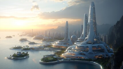 Poster - A breathtaking futuristic city unfolds at sunset, showcasing tall, sleek buildings along a tranquil waterfront. The landscape is dotted with greenery and islands, reflecting golden light.