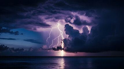 Wall Mural - Lightning strikes from the turbulent weather seen from a distant landscape.