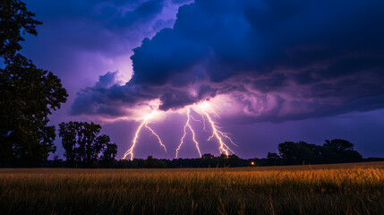 Wall Mural - Lightning strikes from the turbulent weather seen from a distant landscape.