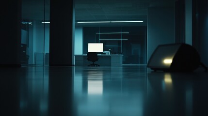 Dramatic scene of a corporate breakup. Featuring a dimly lit office with an unplugged computer. Showcasing the abrupt end to productivity. Ideal for discussions on remote work