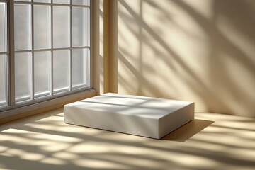 Poster - Sunlit minimalistic room with a rectangular white platform beneath a large window
