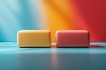 Poster - Bright colored blocks on a vibrant blue and red background in a minimalist setting