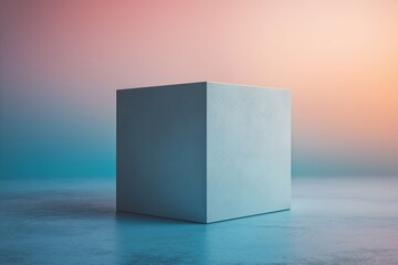Poster - A minimalist gray cube on a reflective surface against a vibrant gradient background