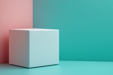 Poster - A minimalistic white cube positioned in a vibrant pink and teal room corner during daylight