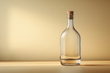 Poster - A clear glass bottle with a cork stopper on a wooden surface in soft warm lighting