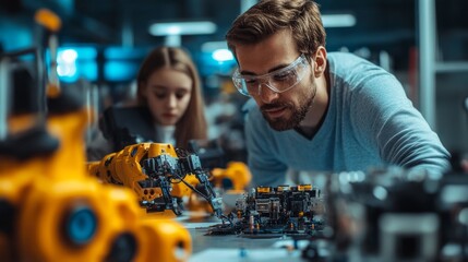 Poster - A man and a woman are working on a robot