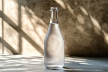 Poster - A clear glass bottle filled with water captures sunlight on a textured surface