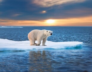arctic canada. polar bear on the drifting ice with snow and evening pink blue sky, svalbard, norway.