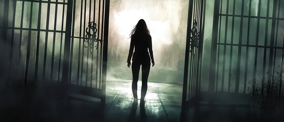 A mysterious figure stands in silhouette before an ethereal, foggy background, framed by an imposing set of gates that evoke intrigue and suspense.