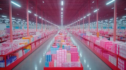 A long aisle in a warehouse with pink shelves stocked with boxes.