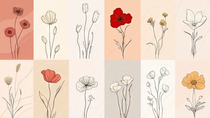 Wall Mural - minimalist vector set of continuous line drawings of different flowers, capturing botanical beauty w