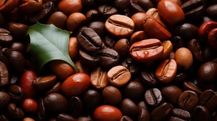 A bunch of coffee beans with a leaf in the middle