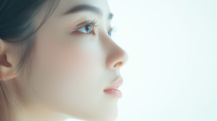 Aufkleber - 若くてかわいいアジア人女性モデル。ナチュラルで肌が綺麗な横顔のショット。美容ポートレート。