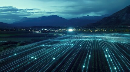 Wall Mural - Nighttime view of a smart farm with a digital grid overlay illuminating crop rows, highlighting the integration of technology in modern farming.