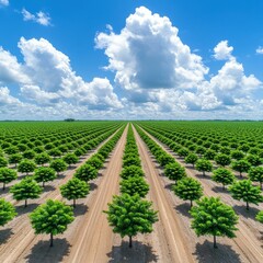 A captivating view of neatly arranged tree rows stretching to the horizon, complemented by a bright blue sky adorned with fluffy clouds, showcasing nature's beauty.