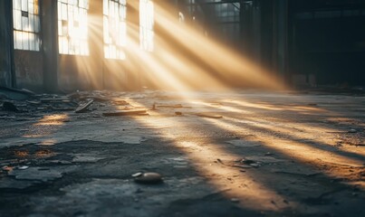 Canvas Print - Sunlight streams through windows in abandoned building.