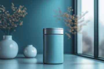 Poster - Elegant blue container placed on a table near the window with minimalistic decor in a modern setting